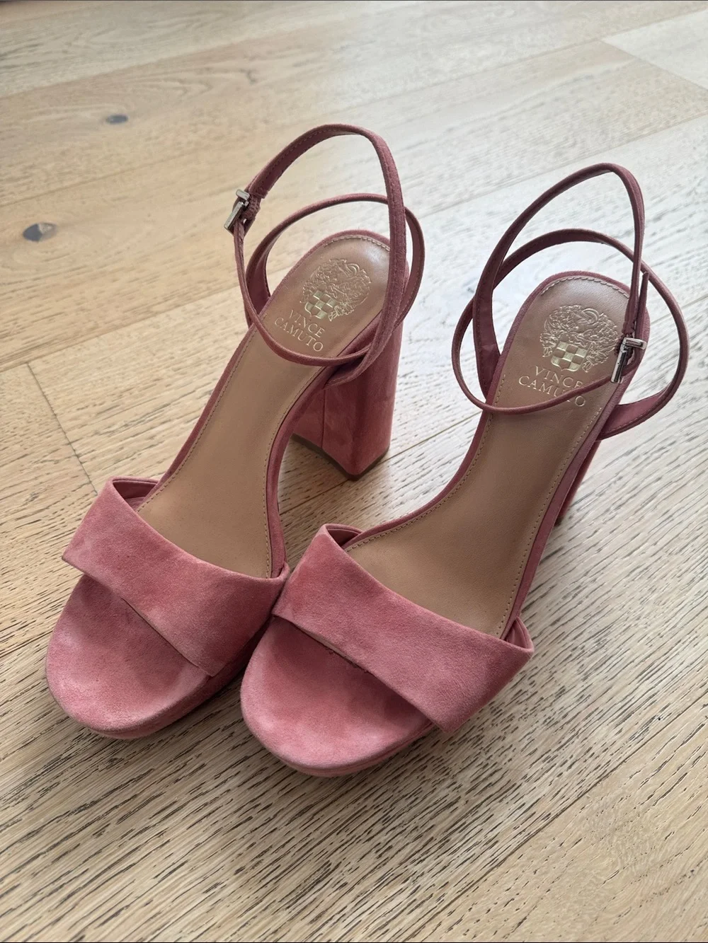 Vince Camuto Rose Pink Suede Platform Block Heel Sandals